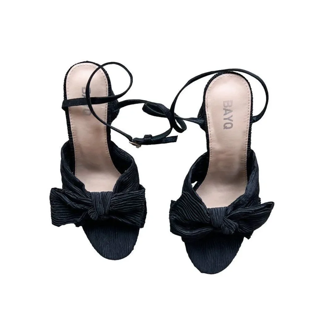 BAYQ Black Textured Fabric Bow Ankle Strap Block Heel Open Toe Heeled Sandals